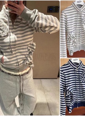 现货openyy早春新品立体玫瑰花条纹撞色双拉链卫衣短外套