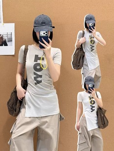长款 开衩短袖 T恤女 字母印花高弹力修身 openyy现货2026早春新款