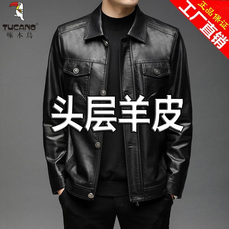 啄木鸟新款秋冬季海宁真皮皮衣休闲翻领帅气中青年皮夹克外套男装