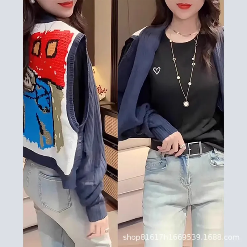 2026春夏新款高级感女时尚卡通拼色针织马甲显瘦百搭两穿披肩外皮