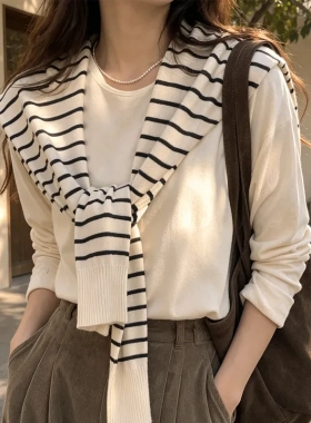 韩系黑白条纹针织披肩女百搭宽松慵懒风叠穿小坎肩外搭衬衫外套