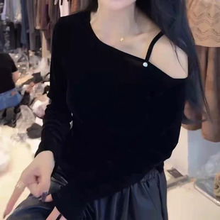 美式漏肩辣妹斜领黑色修身百搭上衣女设计感长袖T恤秋别致打底衫
