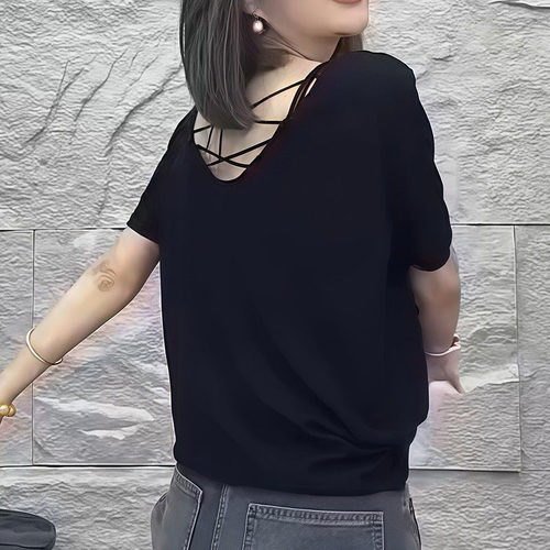 露背短袖t恤女设计感镂空上衣夏