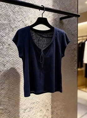 藏蓝色v领短袖t恤女胖MM显瘦