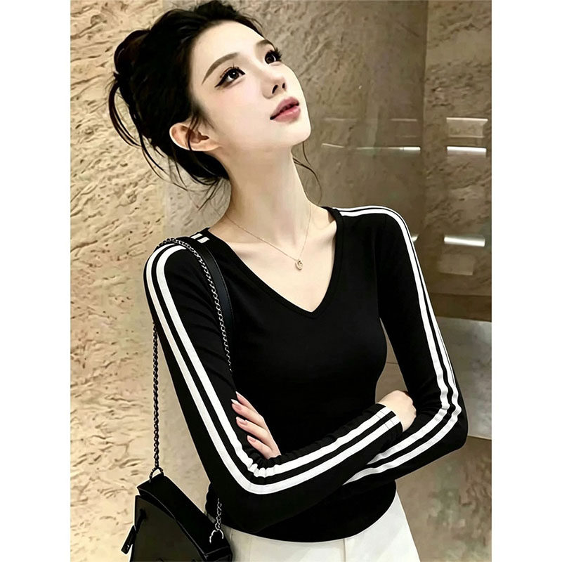 美式辣妹条纹V领短款收腰紧身长袖t恤女春秋季显瘦内搭打底衫上衣