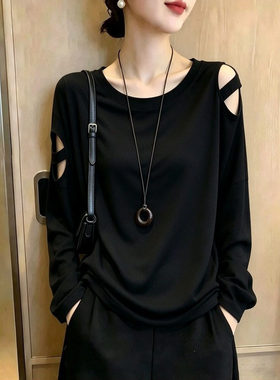 设计黑色镂空长袖t恤大码女胖mm