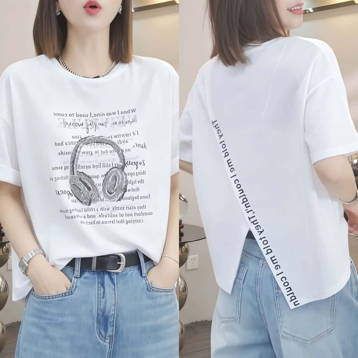 慵懒风字母印花烫钻短袖T恤女