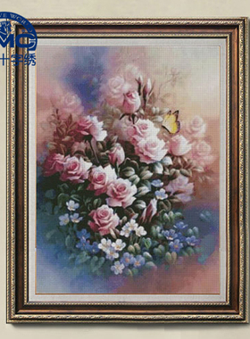 法国DMC十字绣 套件 专卖 客厅-混色蝴蝶玫瑰-HC1313精准印花