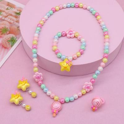 儿童项链套装女孩多巴胺串珠手链小兔月亮首饰品女童宝宝耳夹戒指