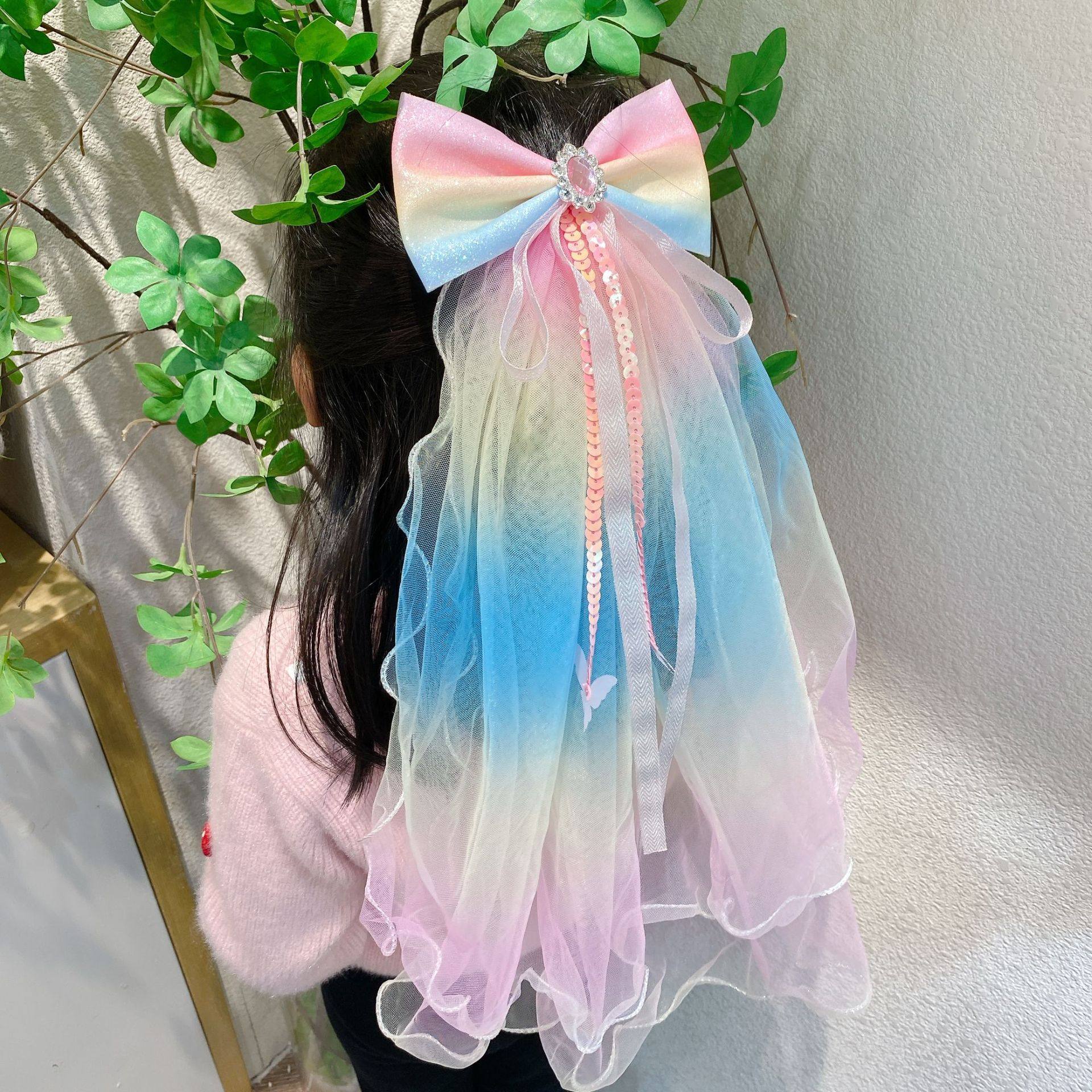 儿童蝴蝶结发夹头纱女童渐变长飘纱彩虹色披纱女孩演出头饰发饰品,童装/婴儿装/亲子装,发饰,淘宝优惠券,粉丝福利购,淘宝优惠卷
