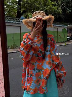 现货 沐皙一套上衣半裙日系大码女装花衬衣苎麻 半裙亚麻广州直发