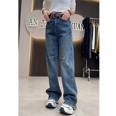 2025冬季加绒加厚窄版蓝色直筒裤