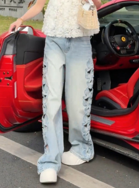 小个子蓝色牛仔裤女士2026年春季新款爆款裤子时尚镂空直筒裤宽松