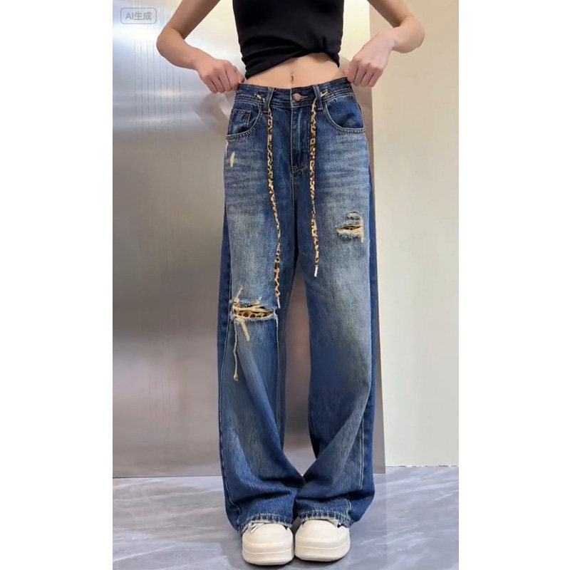 小个子蓝色牛仔裤女2026夏季新款爆款裤子高腰时尚宽松破洞直筒裤