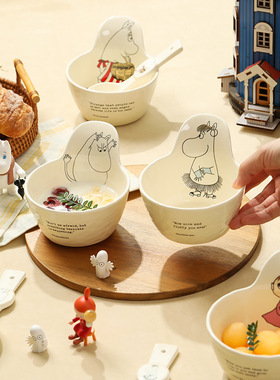 姆明卡通手柄碗可爱陶瓷碗奶油风餐具儿童专用家用米饭碗勺moomin