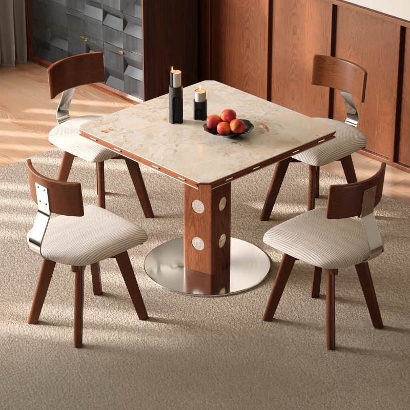 佛山中古胡桃色实木小户型家用可变圆桌伸缩折叠功能岩板餐桌椅