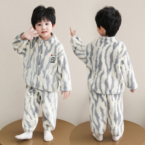 男童珊瑚绒睡衣秋冬加厚法兰绒2026新款儿童家居服套装男宝宝保暖