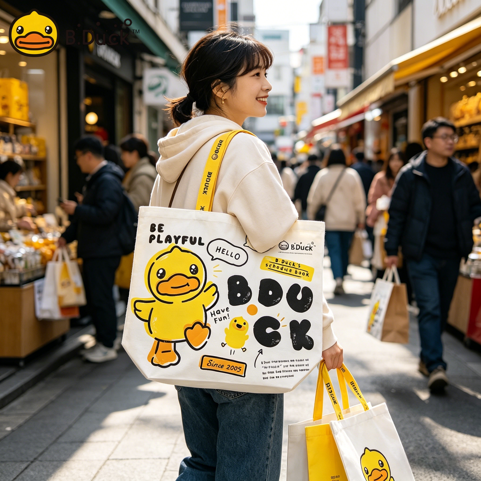 B.Duck小黄鸭购物袋便携折叠单肩手提袋大容量防水超市买菜环保袋