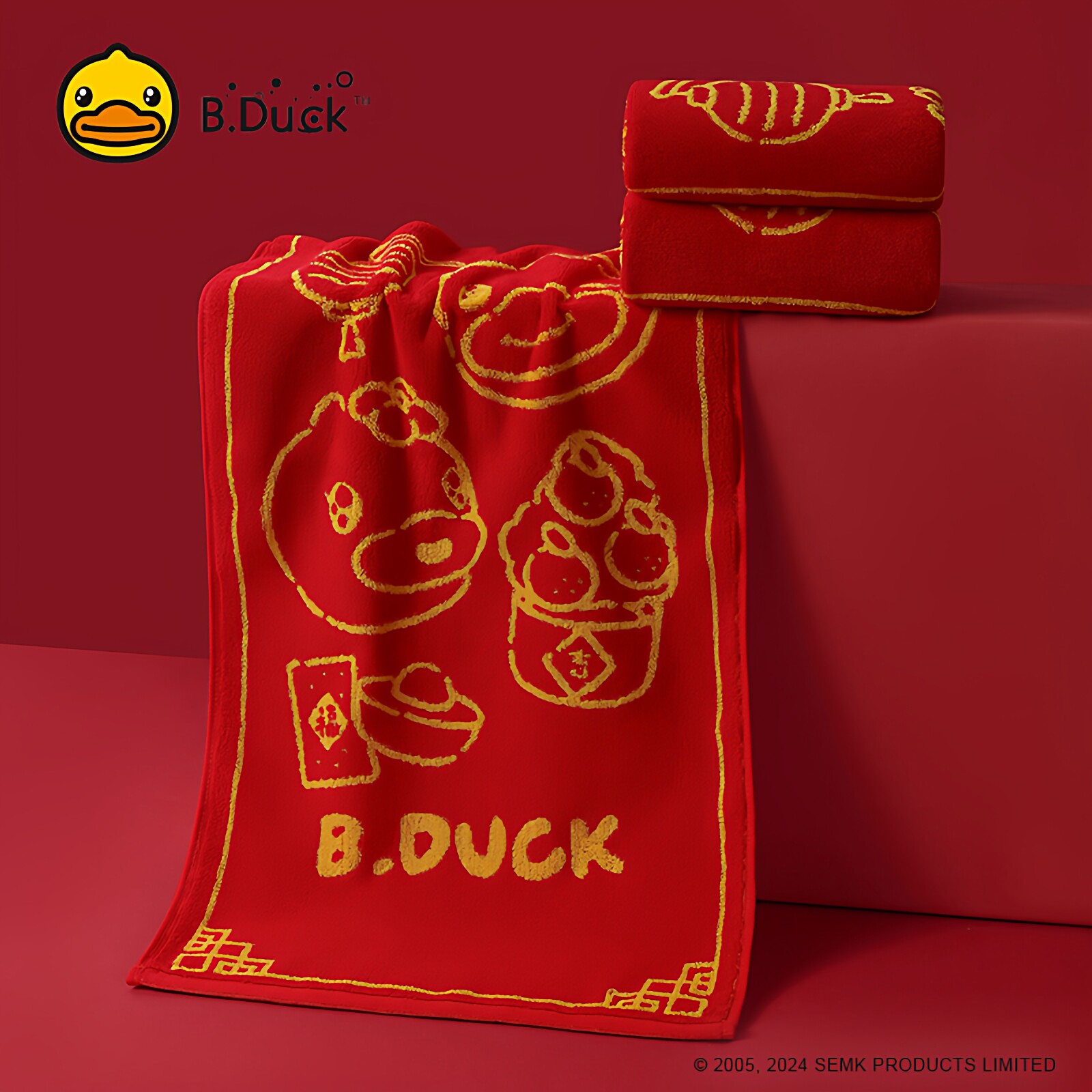 B.Duck小黄鸭纯棉毛巾柔软可爱2025新年结婚红色家用全棉吸水面巾