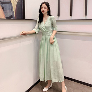 韩版 女装 1890 气质收腰显瘦中长款 牛油果绿色连衣裙 夏新款 泰2100