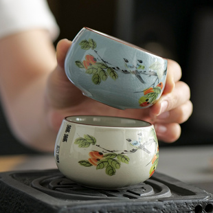 柿柿如意茶杯高档陶瓷喝茶主人杯定制节庆用品送礼品 汝窑茶杯中式