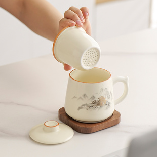 汝窑茶杯茶水分离陶瓷办公杯泡茶杯马克杯子创意伴手礼品定制logo