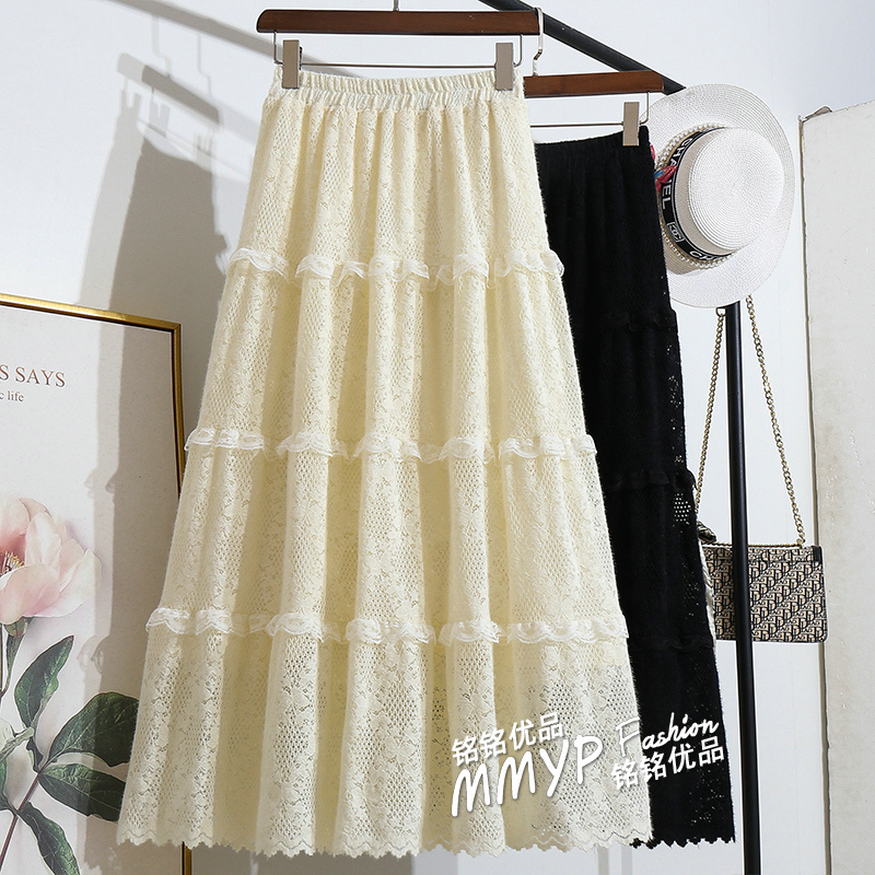 法式杏色磨毛蕾丝拼接半身裙女2025秋冬新款绝美巨好看蛋糕长裙
