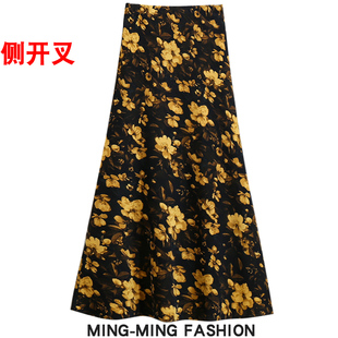 夏天独特绝美大花印花半身裙女夏季2025新款开叉鱼尾包臀裙长裙