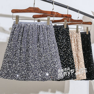灰色亮片丝绒短裙半身裙女冬季小个子高腰显瘦裙子A字包臀裙半裙