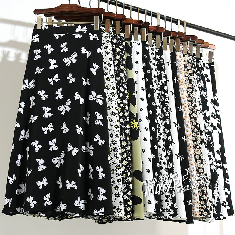 印花雪纺碎花高腰半身裙