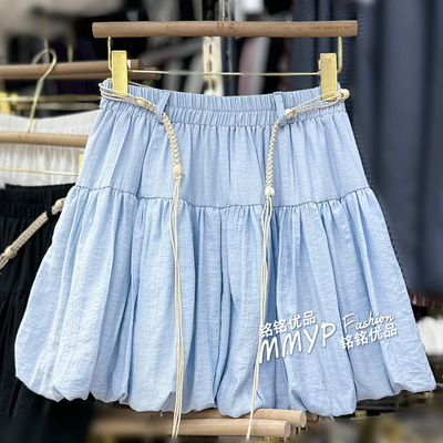 小个子仿棉麻蓬蓬花苞裙半身裙女夏天2025新款高腰显瘦a字灯笼短