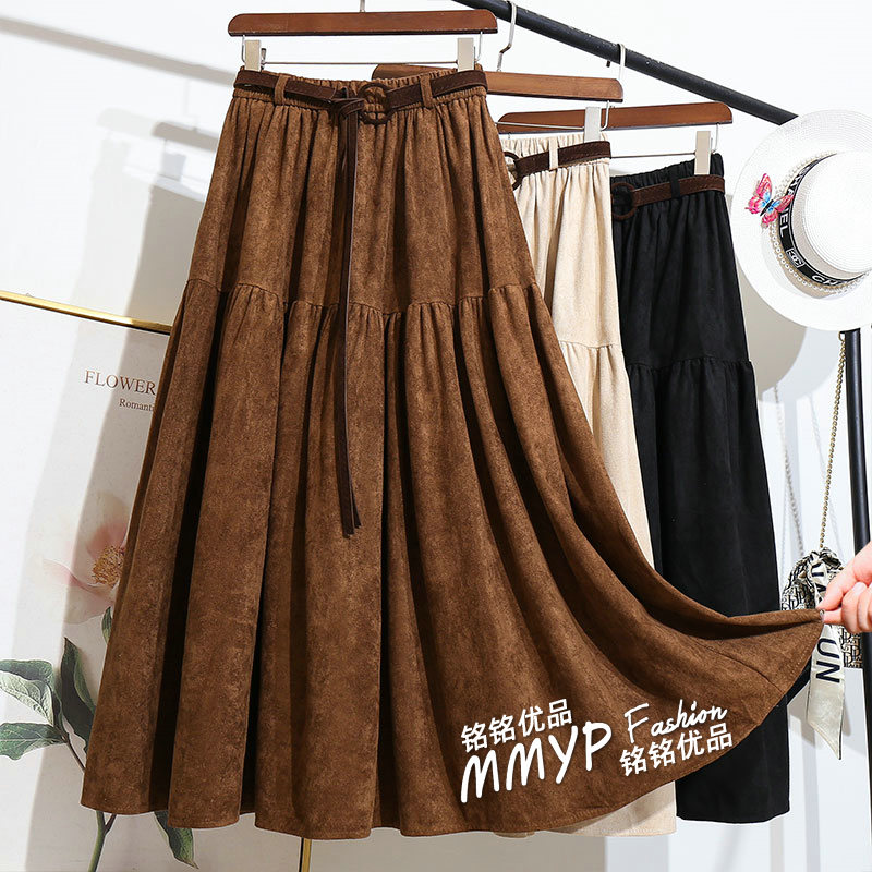 秋冬复古绑带麂皮绒A字大摆半身裙秋季新款高腰显瘦裙子半裙长裙