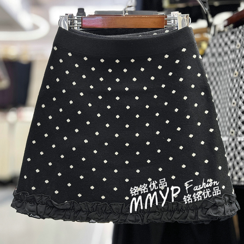韩系木耳边拼接波点针织短裙半身裙秋冬女2025黑色包臀a字裙子厚