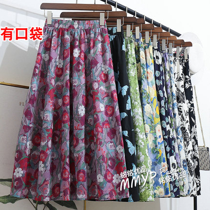 油画风印花蓬蓬裙半身裙夏季2025新款中长款裙子显瘦大裙摆A字裙