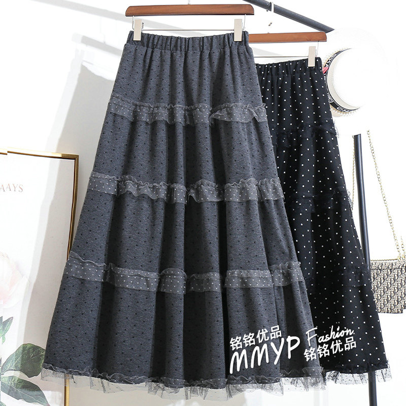 好看蕾丝花边拼接波点加厚毛呢半身裙女秋冬2025新款A字蛋糕长裙