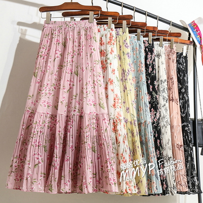 高腰垂感百褶雪纺碎花半身裙