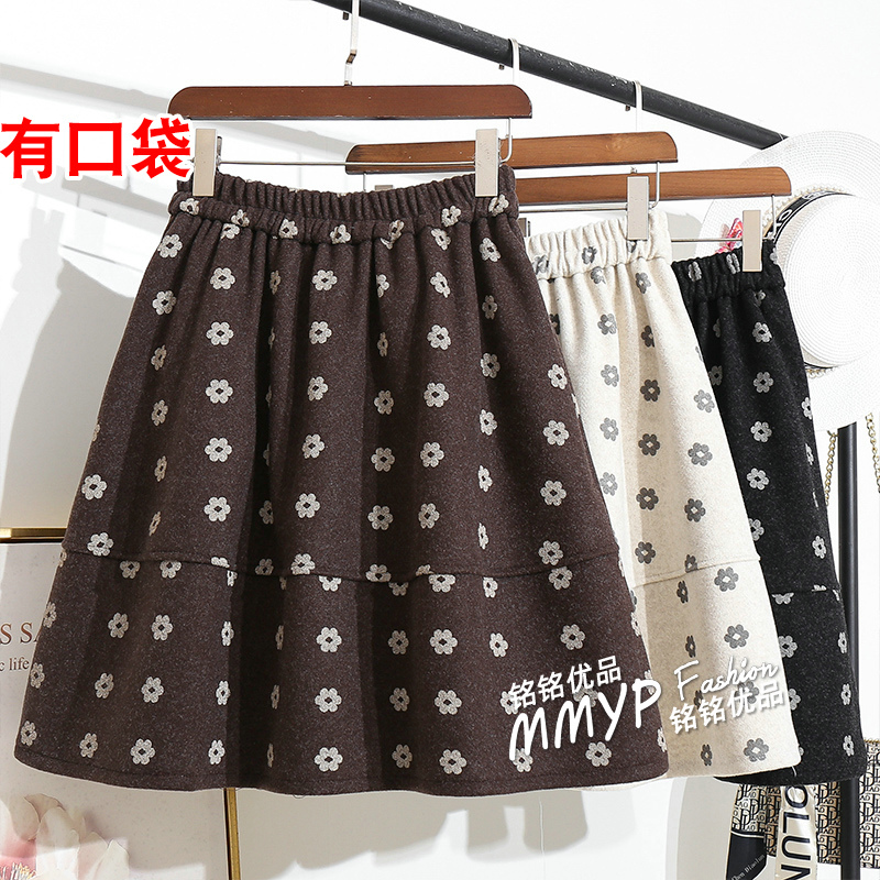 复古花朵毛呢蓬蓬半身裙