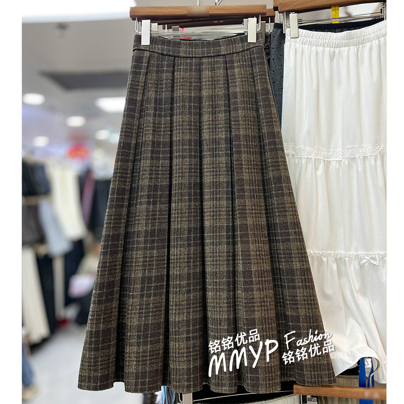 加厚格子毛呢百褶半身裙
