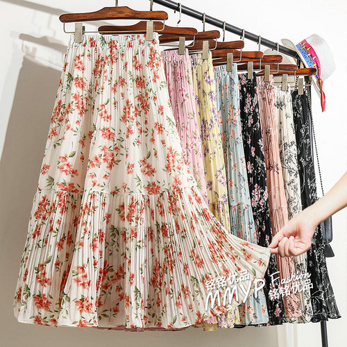 法式碎花雪纺压褶半身裙女夏季2025新款小个子高腰垂感百褶裙长裙