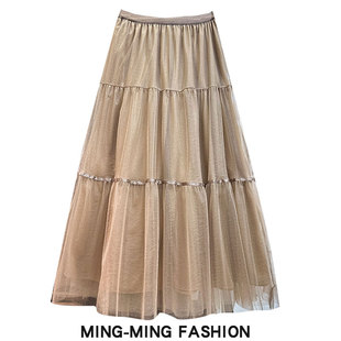 超仙网纱半身裙女冬季2025新款温柔风拼接高腰蛋糕裙显瘦遮胯长裙