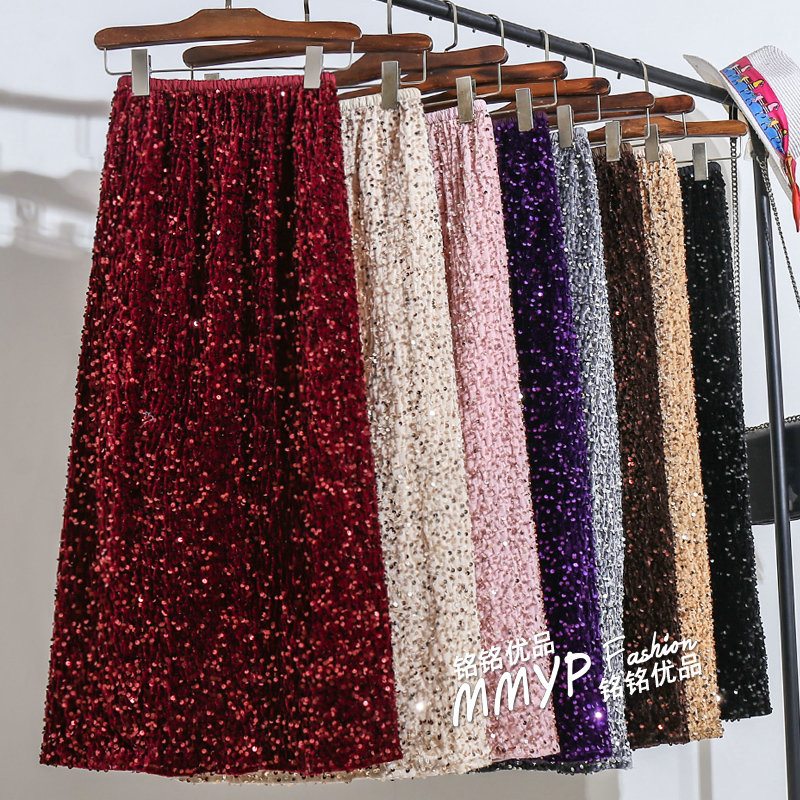 酒红色亮片丝绒开叉半身裙