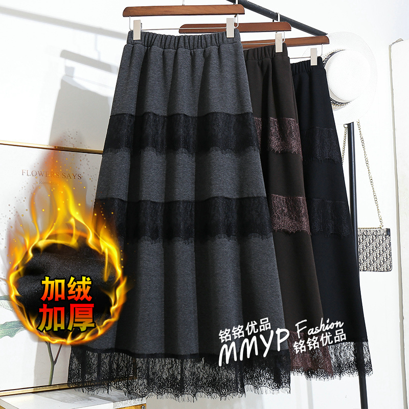 冬天好看高级灰色加绒加厚半身裙女冬季2025新款蕾丝蛋糕长款裙子