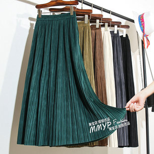 冬季 2025女丝绒裙子半裙长裙 加厚墨绿色灯芯绒百褶裙半身裙秋冬款