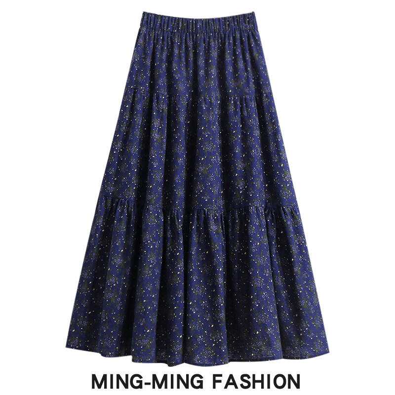 复古磨毛碎花拼接大摆蛋糕半身裙