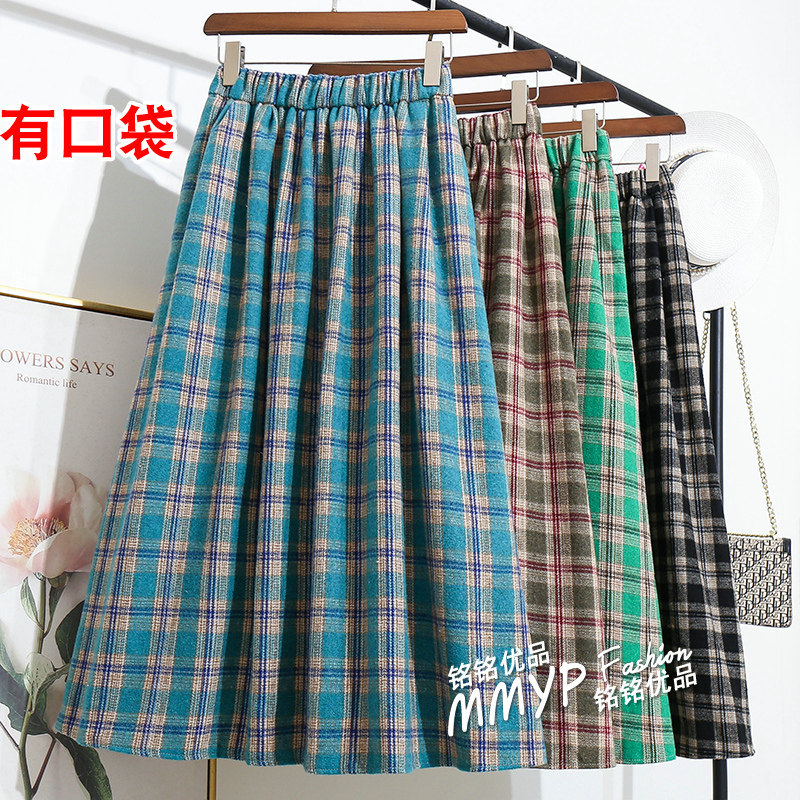 冬季复古加厚蓝色毛呢格子半身裙女秋冬2025新款A字裙子长裙冬裙