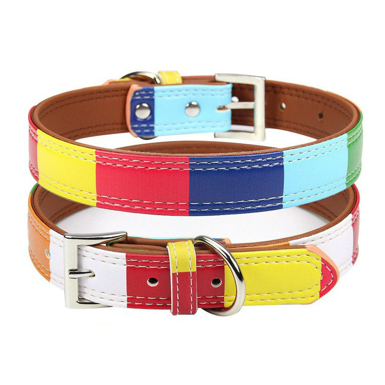 严选跨境防走丢彩虹格狗脖圈PU皮革刻字铭牌项圈狗狗脖圈Choice