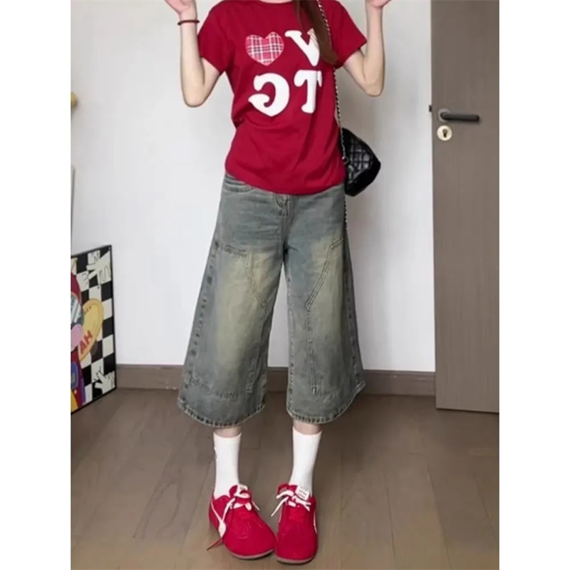 美式复古水洗做旧牛仔短裤女夏季新款高腰显瘦宽松直筒阔腿七分裤
