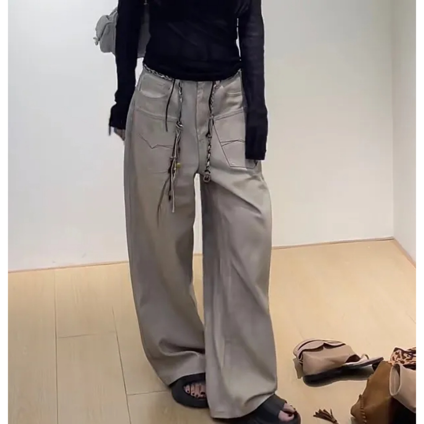 大码美式复古做旧口袋明线设计牛仔裤女秋季新款宽松阔腿拖地长裤