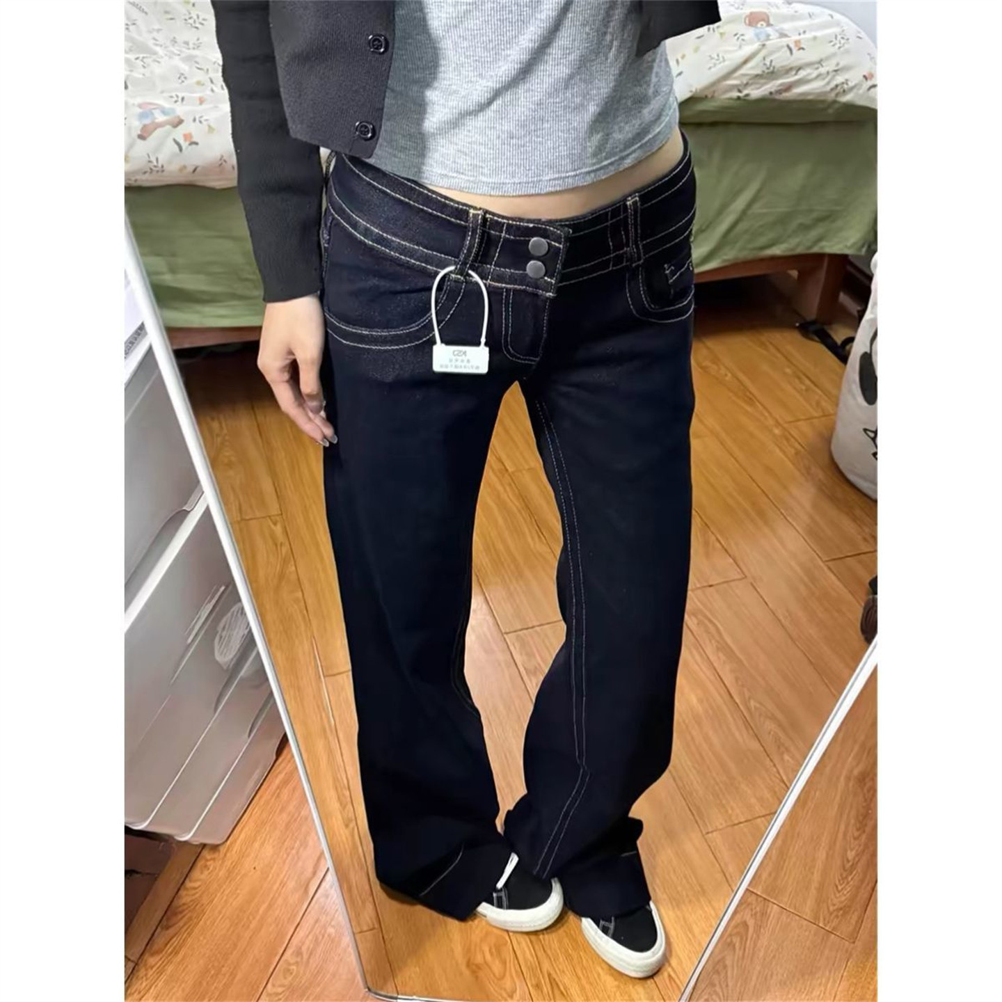 高个子美式复古明线装饰低腰微喇牛仔裤女2026新款宽松显瘦喇叭裤