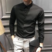 修身 衬衫 休闲衣服黑色商务衬衣潮流帅气男装 韩版 秋装 寸衣 男士 长袖